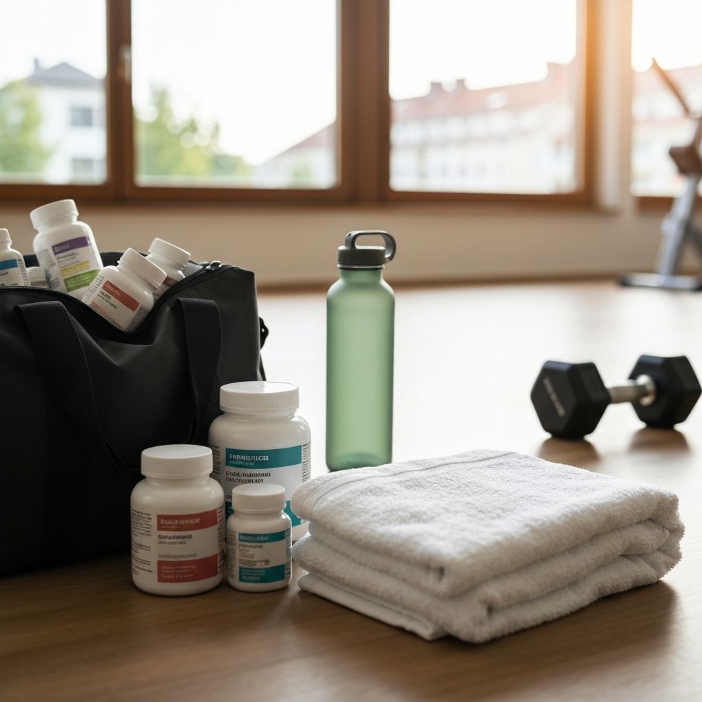 Fitnesstasche mit Supplementflaschen, Handtuch und Trainingszubehör
